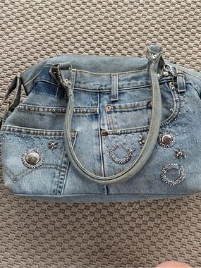 Vintage Hand and Heart Walnut CA repurposed denim jeans bag